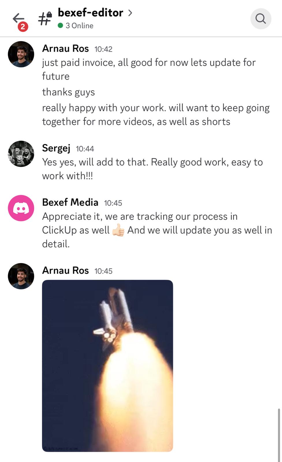 Slack conversation with Arnau Ros and Sergej: really happy with your work, easy to work with.