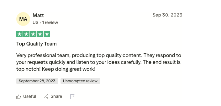 Trustpilot 5-star review from Matt: Top Quality Team — very professional, top notch results.